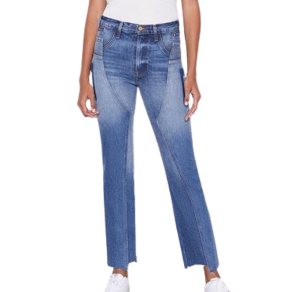 FRAME ENZO WASH HIGH RISE INVERTED RAW HEM STRAIGHT LEG JEANS BLUE SIZE 25 NWT - Picture 1 of 16